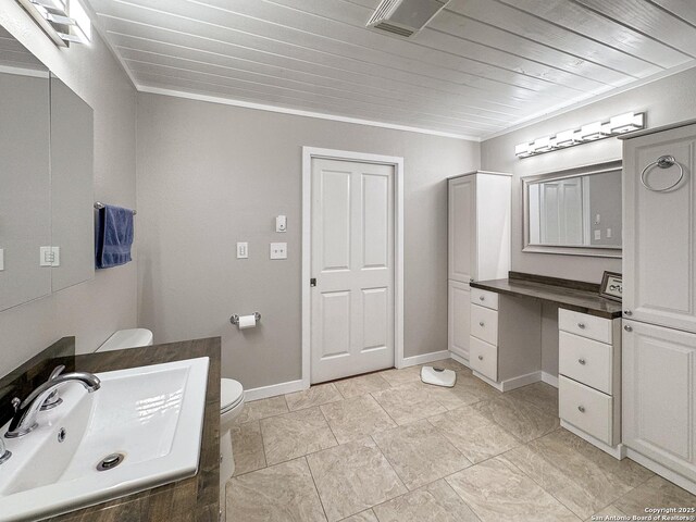 209 Lake Frst, Canyon Lake, TX 78133 - bathroom with vanity, toilet, wood ceiling, and ornamental molding