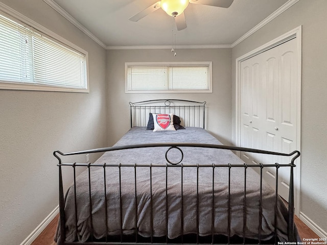 209 Lake Frst, Canyon Lake, TX 78133 - bedroom with crown molding, baseboards, and ceiling fan