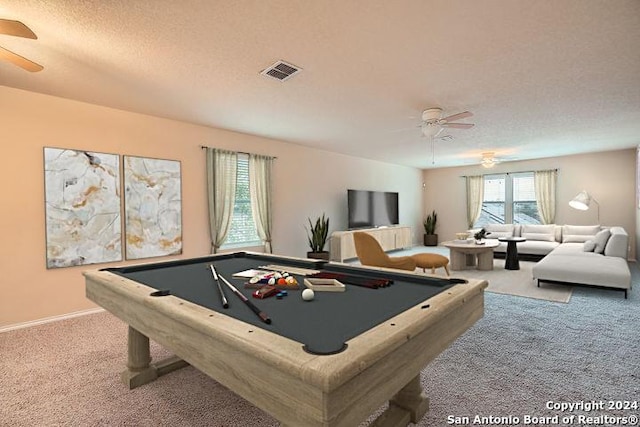 game room with visible vents, carpet, pool table, and ceiling fan