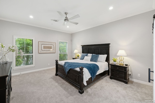 bedroom with baseboards, carpet floors, recessed lighting, and ornamental molding
