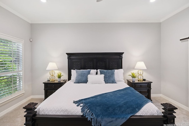 carpeted bedroom with baseboards, recessed lighting, and crown molding
