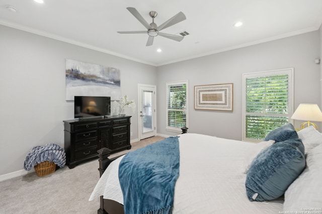 bedroom featuring recessed lighting, carpet, ornamental molding, baseboards, and access to outside