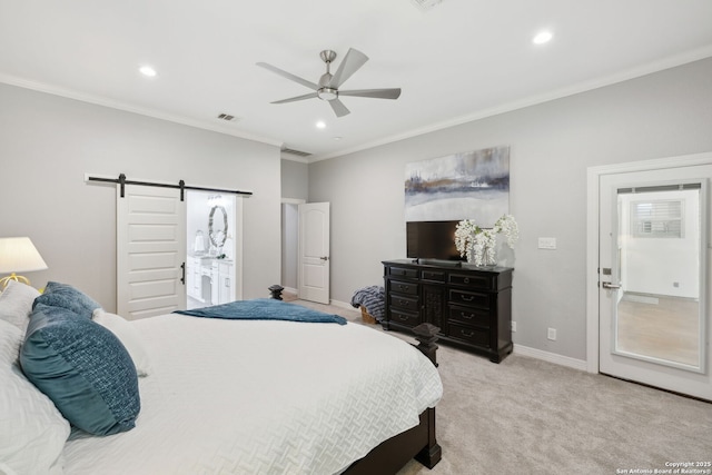 bedroom with a barn door, recessed lighting, visible vents, light carpet, and crown molding