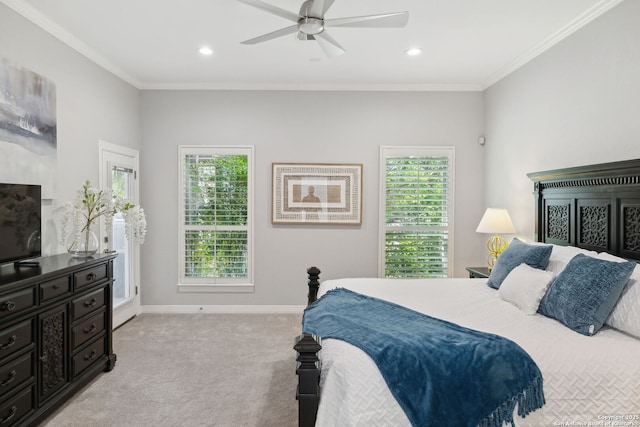 bedroom with light colored carpet, baseboards, crown molding, and recessed lighting