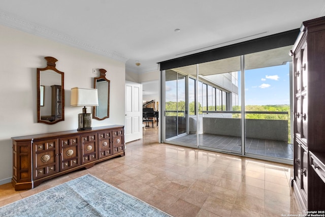 interior space with expansive windows and ornamental molding