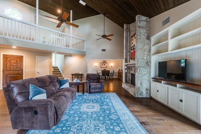 living area featuring visible vents, ceiling fan, wooden ceiling, high vaulted ceiling, and dark wood-type flooring