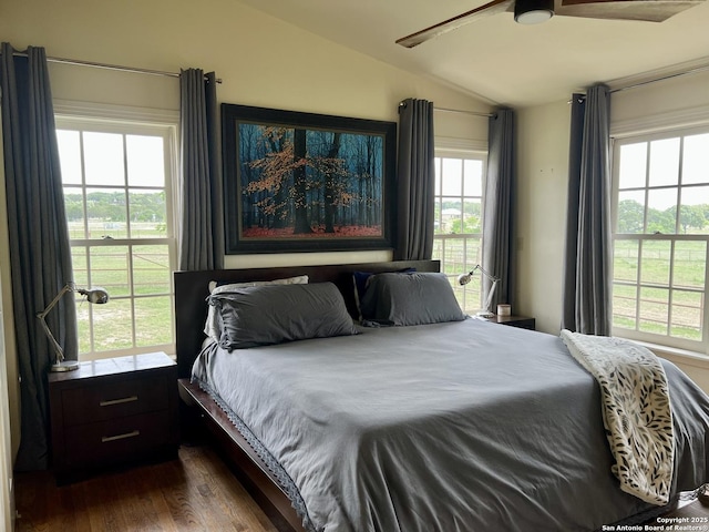 bedroom featuring lofted ceiling, a ceiling fan, and dark wood-type flooring