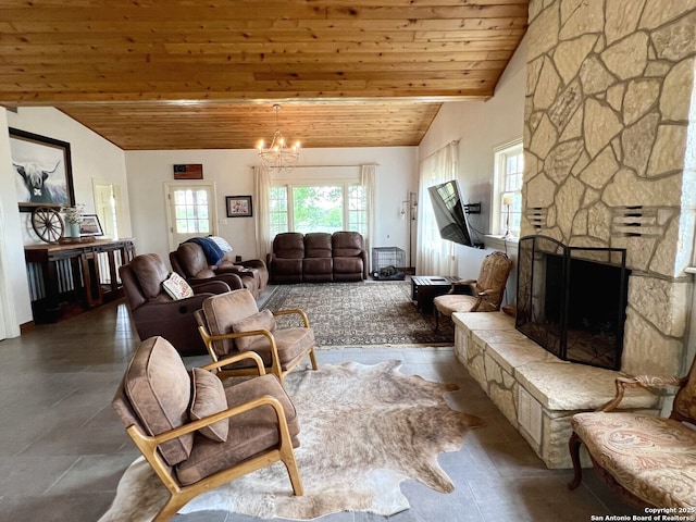 living area featuring vaulted ceiling, a stone fireplace, wood ceiling, and a notable chandelier