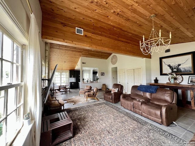 tiled living area featuring a chandelier, high vaulted ceiling, visible vents, and wood ceiling