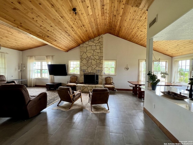 living area featuring wood ceiling, baseboards, visible vents, and a fireplace