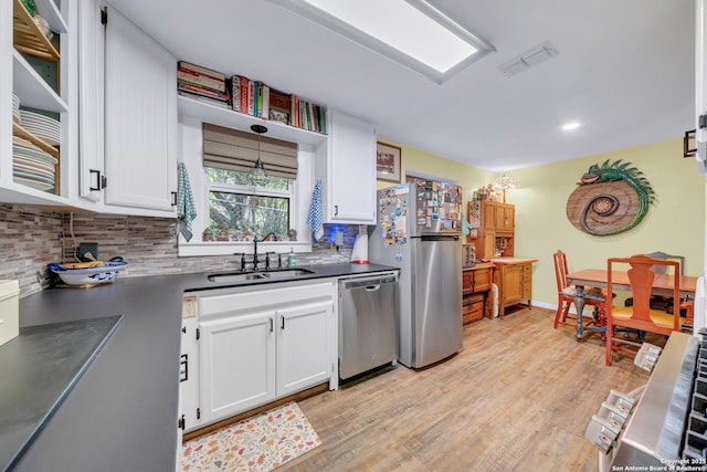 kitchen featuring white cabinets, stainless steel appliances, a sink, dark countertops, and visible vents