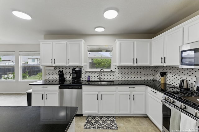 kitchen featuring a sink, dark countertops, backsplash, white cabinetry, and appliances with stainless steel finishes