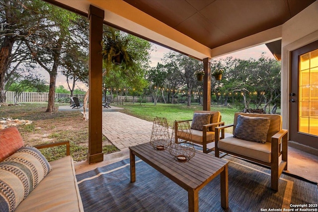 view of patio / terrace featuring a fenced backyard and an outdoor hangout area