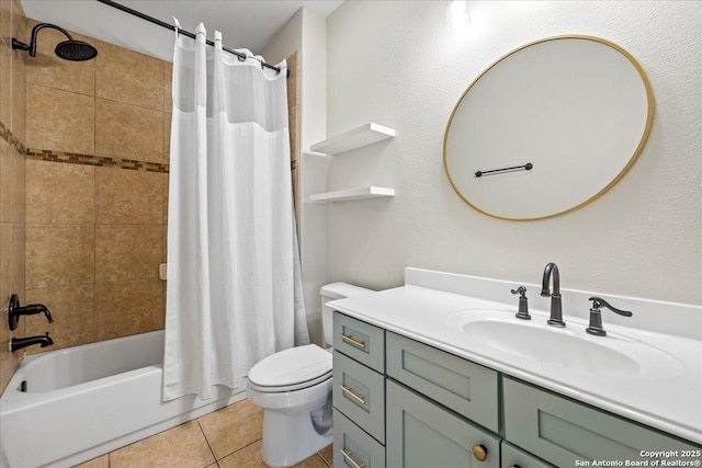 bathroom with tile patterned floors, shower / tub combo with curtain, vanity, and toilet
