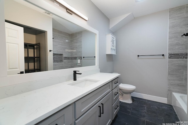 full bath featuring a bath, toilet, baseboards, a shower, and vanity