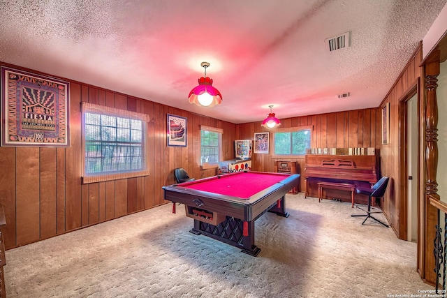 207 Mary Louise Dr, San Antonio, TX 78201 - rec room with a textured ceiling, carpet floors, visible vents, and billiards