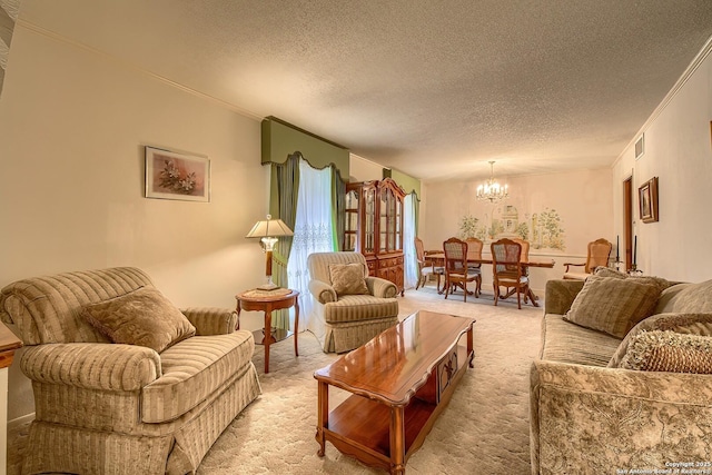 207 Mary Louise Dr, San Antonio, TX 78201 - living area featuring light carpet, a notable chandelier, a textured ceiling, and visible vents