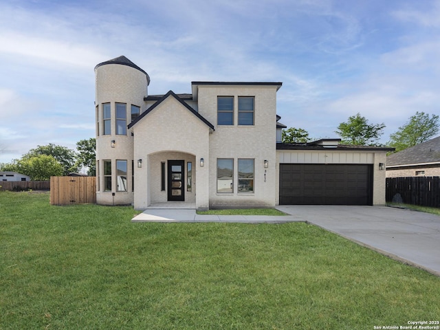 french country inspired facade featuring concrete driveway, fence, a garage, brick siding, and a front yard