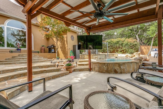 view of patio featuring a ceiling fan and a swimming pool