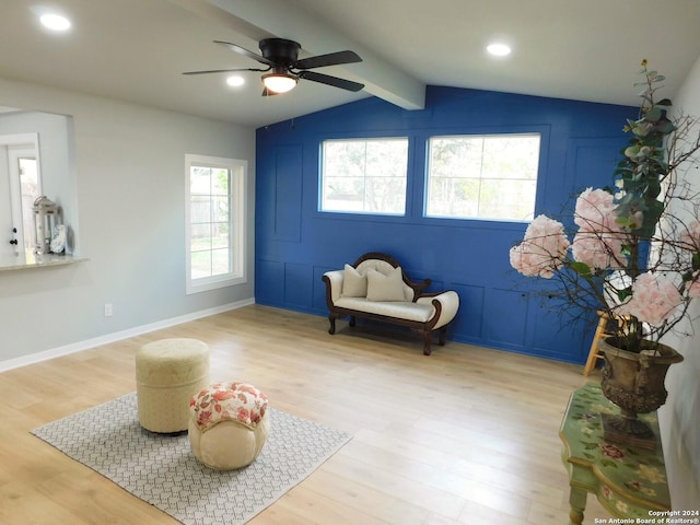 6023 Lark Valley Dr, San Antonio, TX 78242 - sitting room with recessed lighting, wood finished floors, vaulted ceiling with beams, baseboards, and ceiling fan