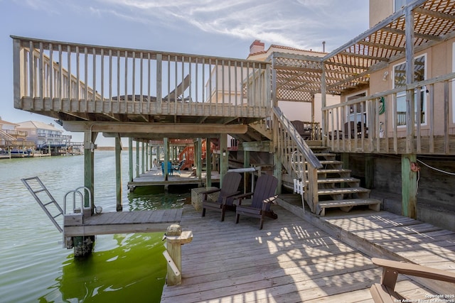 view of dock with stairs and a water view