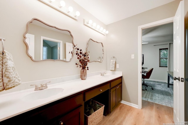 bathroom with double vanity, wood finished floors, baseboards, and a sink