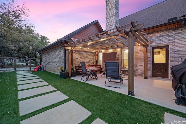 view of yard with a pergola, fence, and a patio area