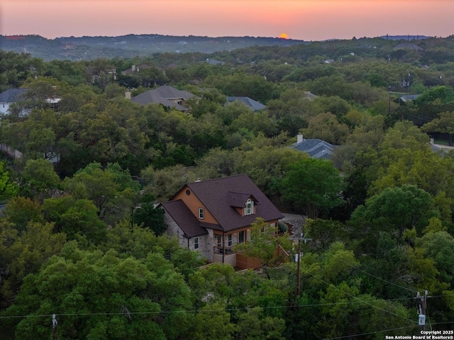 aerial view at dusk with a wooded view