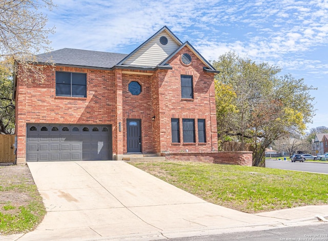 traditional home featuring driveway, a garage, brick siding, a shingled roof, and a front yard