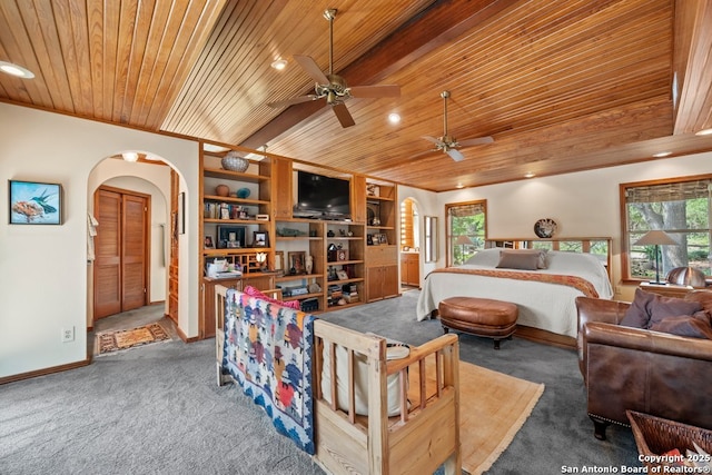 2802 State Highway 46, New Braunfels, TX 78132 - bedroom with wood ceiling, arched walkways, carpet flooring, multiple windows, and recessed lighting
