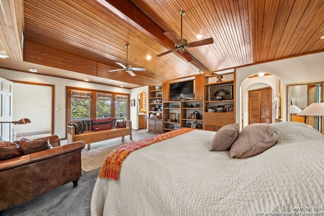 2802 State Highway 46, New Braunfels, TX 78132 - bedroom featuring wooden ceiling, carpet flooring, arched walkways, and recessed lighting