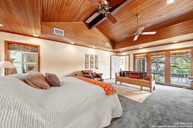 2802 State Highway 46, New Braunfels, TX 78132 - carpeted bedroom with wooden ceiling, access to outside, vaulted ceiling, multiple windows, and recessed lighting