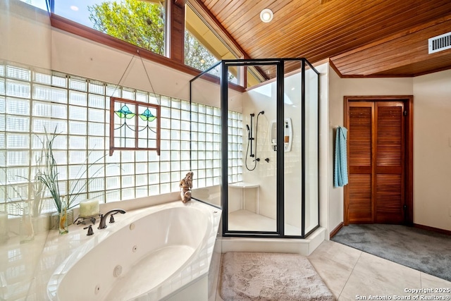 2802 State Highway 46, New Braunfels, TX 78132 - bathroom featuring wooden ceiling, plenty of natural light, a shower stall, tile patterned floors, and vaulted ceiling