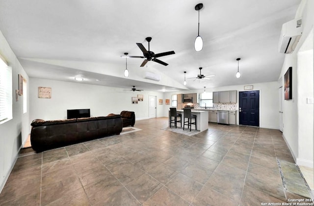 living area featuring vaulted ceiling, baseboards, a ceiling fan, and a wall mounted air conditioner