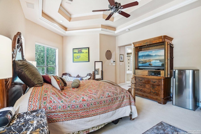 20646 Wahl, Garden Ridge, TX 78266 - bedroom with light carpet, a raised ceiling, ornamental molding, and a ceiling fan