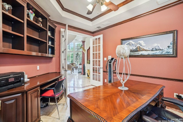 20646 Wahl, Garden Ridge, TX 78266 - office space featuring ornamental molding, a raised ceiling, a ceiling fan, french doors, and built in study area