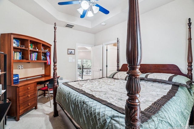 20646 Wahl, Garden Ridge, TX 78266 - bedroom featuring a raised ceiling, light colored carpet, an office area, and ceiling fan