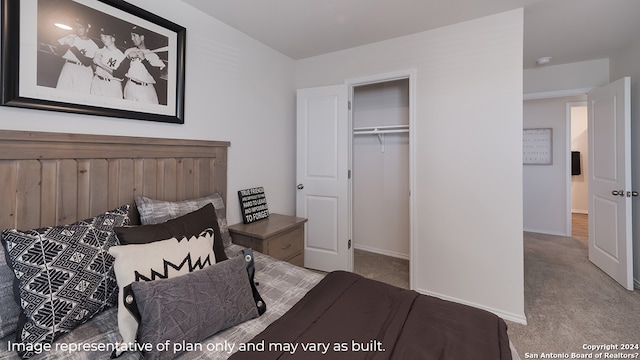 bedroom with baseboards, carpet flooring, and a closet