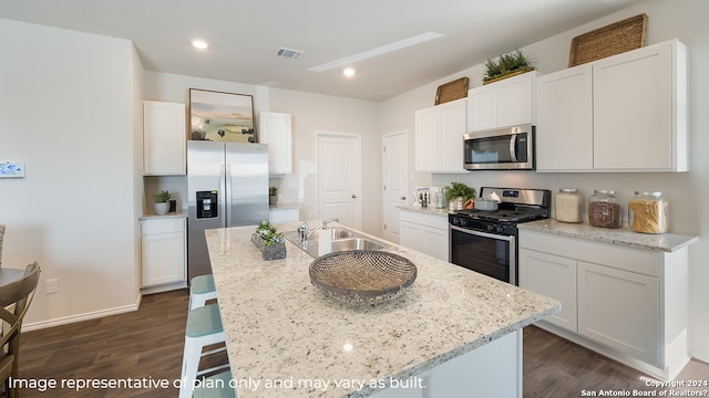 kitchen with dark wood-type flooring, visible vents, appliances with stainless steel finishes, and a sink