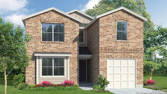 1128 Andean Emerald, San Antonio, TX 78253 - traditional-style home featuring brick siding, driveway, board and batten siding, and a garage