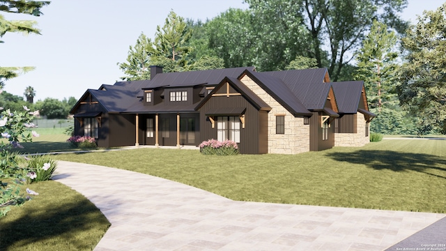 950 Belle Oaks Blvd, Bulverde, TX 78163 - view of front of property with stone siding, a chimney, board and batten siding, and a front yard