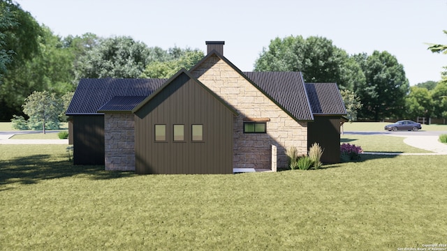 950 Belle Oaks Blvd, Bulverde, TX 78163 - view of side of property with a lawn, a chimney, and stone siding