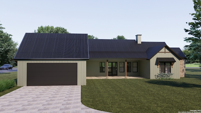 950 Belle Oaks Blvd, Bulverde, TX 78163 - view of front of house with an attached garage, a front lawn, metal roof, and driveway