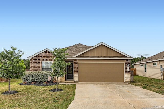 5680 Jasmine Spur, Bulverde, TX 78163 - view of front facade featuring brick siding, a garage, board and batten siding, driveway, and a front lawn