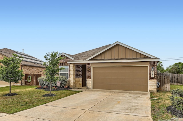 5680 Jasmine Spur, Bulverde, TX 78163 - ranch-style home with brick siding, an attached garage, concrete driveway, board and batten siding, and a shingled roof