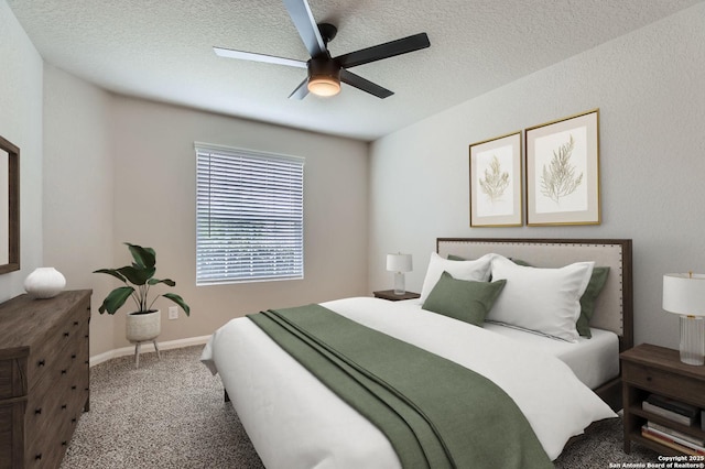 5680 Jasmine Spur, Bulverde, TX 78163 - carpeted bedroom featuring a textured ceiling, a ceiling fan, and baseboards