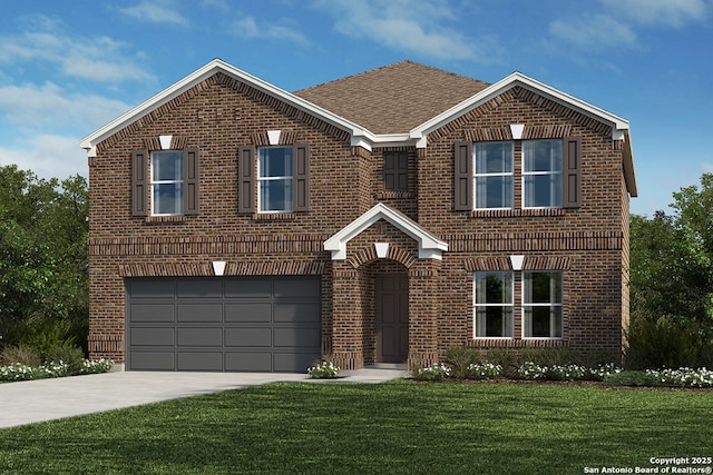 traditional-style house featuring brick siding, driveway, a front yard, and a garage