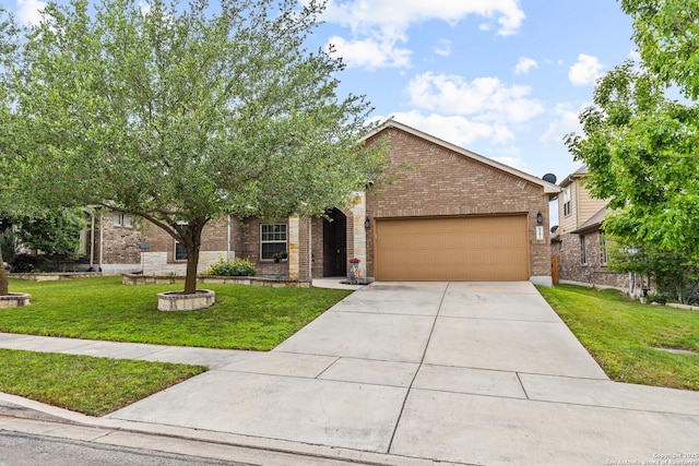 view of front of property featuring concrete driveway, a front lawn, brick siding, and a garage