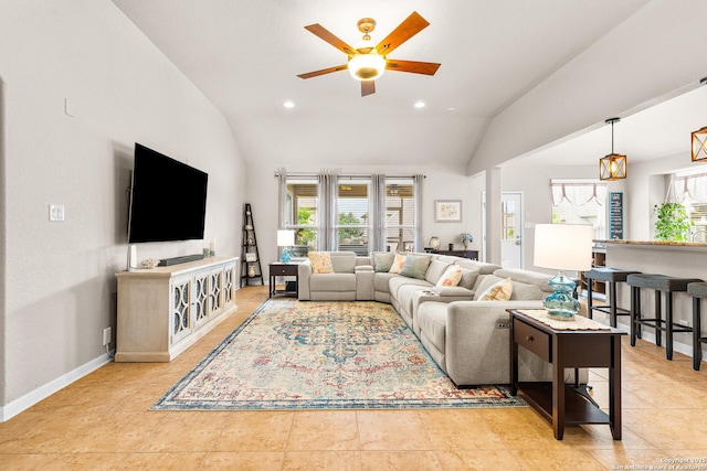 living area with vaulted ceiling, baseboards, recessed lighting, and ceiling fan