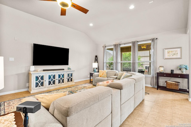 living area featuring recessed lighting, lofted ceiling, light tile patterned floors, baseboards, and ceiling fan